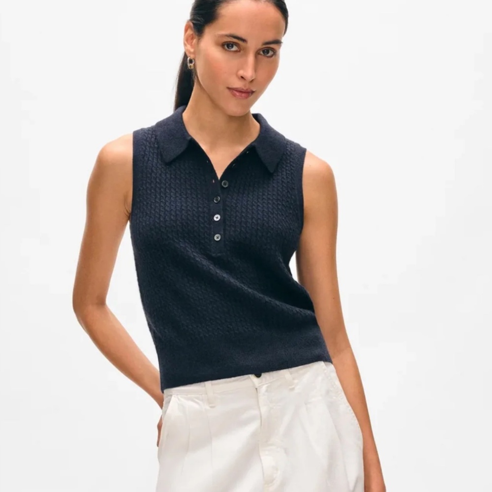 WHITE + WARREN CASHMERE CABLE SLEEVELESS POLO